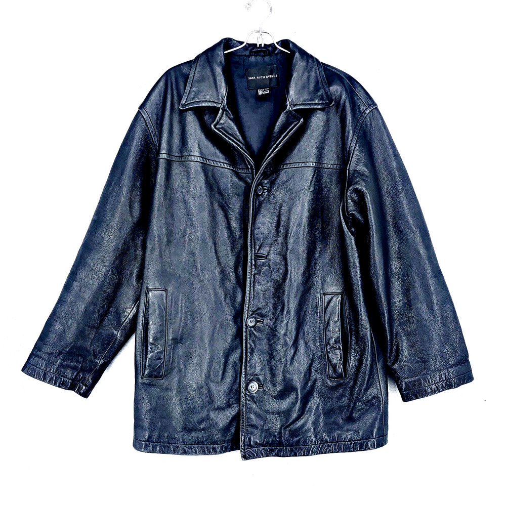 Saks Fifth Avenue Black Leather Jacket Men's Small 99142 Lined Button Up